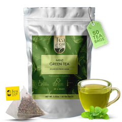 Tea Leaf & Co. mint green tea packaging ready to brew, eco-friendly design.