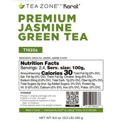 Tea Zone jasmine green tea bag closeup leaves highlighting high-quality tea leaves.