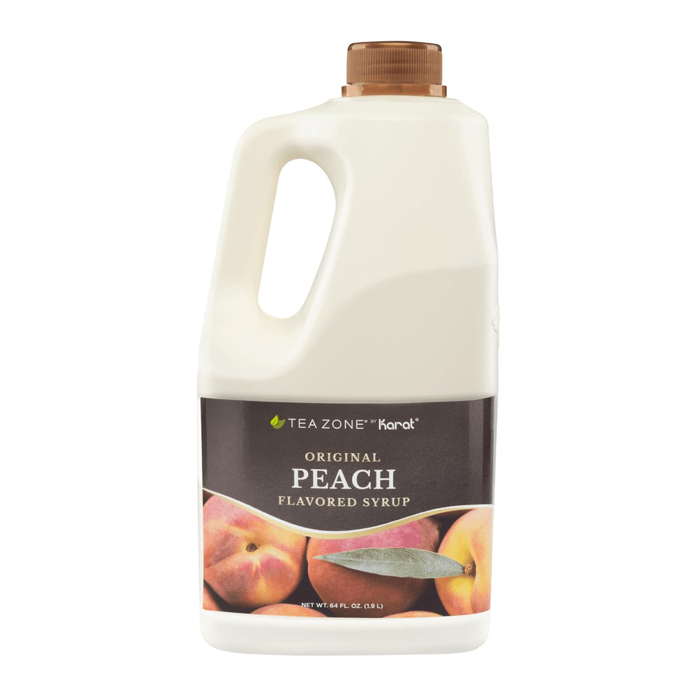 Tea Zone Peach Syrup 64oz bottle front view for flavoring drinks.