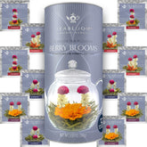 Teabloom holiday flowering tea cup bloom with edible flowers and berry notes.