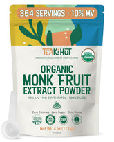 TEAki Hut Pure Monk Fruit Extract Powder bottle showing zero calories in everyday beverages