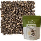 Tealyra Imperial Jasmine Dragon Pearls leaves close-up with fragrant jasmine aroma.