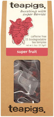 teapigs Super Fruit Tea box showing real berries for a refreshing caffeine-free sip.