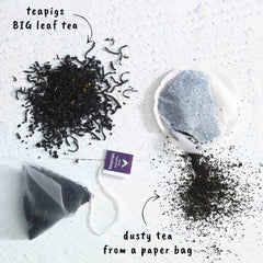 teapigs tea bags closeup with whole leaves showing quality and aroma