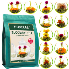TEARELAE Blooming Tea Flowers pack, 12 greens, perfect for gifting and relaxing.