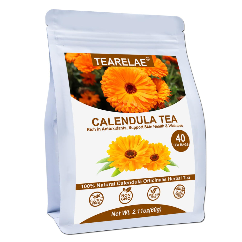TEARELAE calendula tea bag pyramid steeping, vibrant petals for a calming ritual.