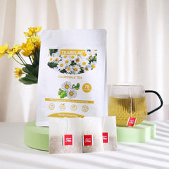 Close-up of TEARELAE chamomile tea bag releasing delicate aroma.