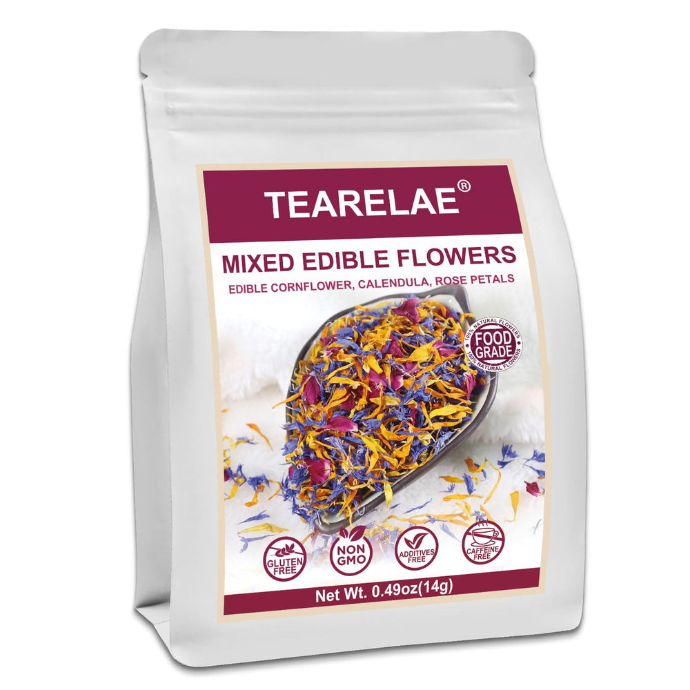 TEARELAE mixed edible flowers pack showing vibrant colors for cake decoration and salads.