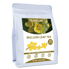 TEARELAE mullein tea bags packaging shows premium, non-GMO leaves for a caffeine-free break.