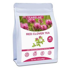 TEARELAE red clover tea bags packaging shows natural, non-GMO ingredients for a premium experience.