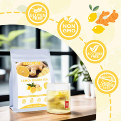 TEARELAE steeped cup shows lemon and ginger aroma delivering a refreshing, soothing beverage.