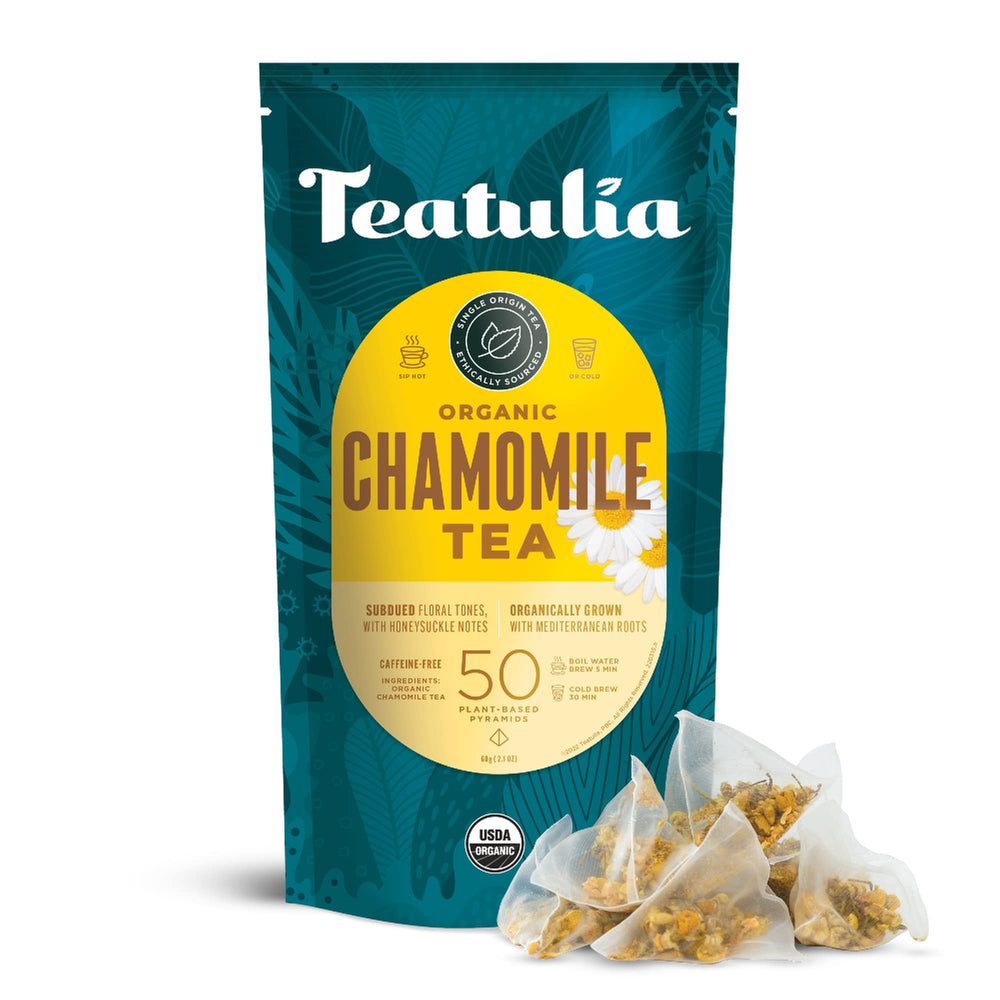 Teatulia Organic Chamomile tea bags in 50 pyramids for caffeine-free evenings.