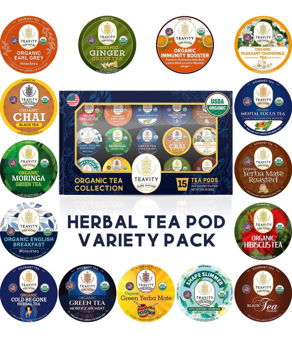 Teavity Organic Tea Pods Variety Pack Box for quick, convenient tea selections.