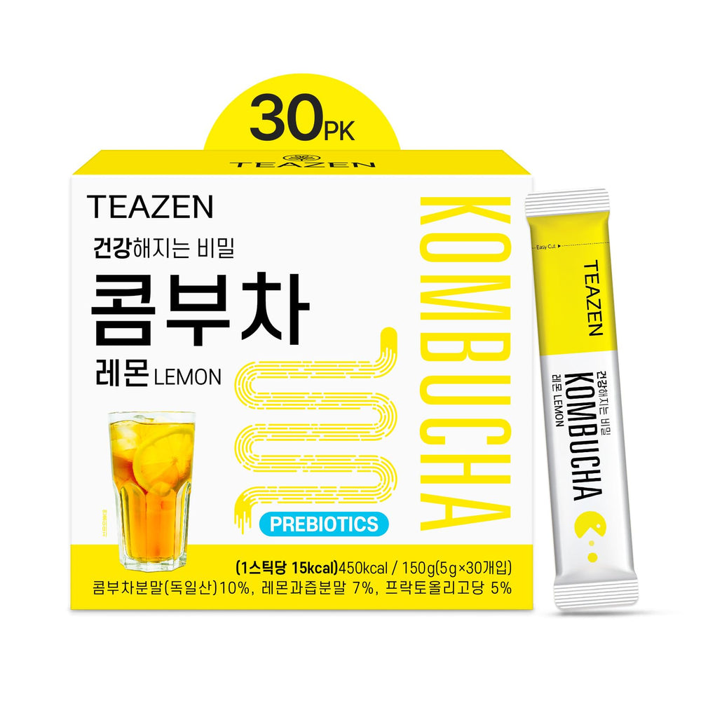 TEAZEN Lemon Kombucha powder dissolves in cold water for a quick, sugar-free refreshment.