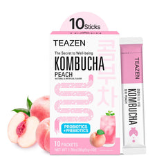 TEAZEN Peach Kombucha powder packaging for quick on-the-go hydration