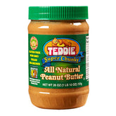 Teddie All Natural Peanut Butter Super Chunky 4-pack jars for convenient snacking.