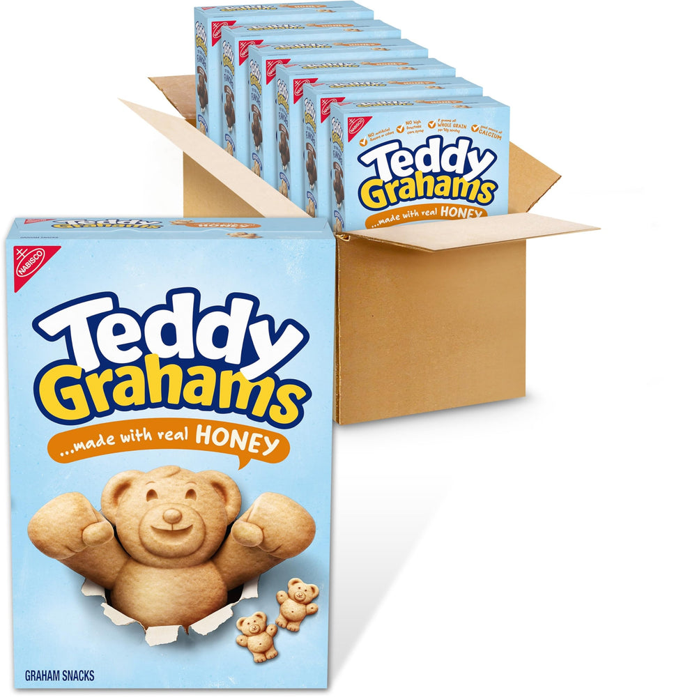 Teddy Grahams Honey packaging in a six-box bulk display for easy family snacking.