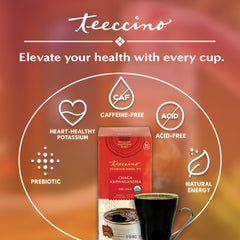Teeccino mushroom blend powder emphasizes adaptogenic heritage.