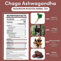 Closeup of Teeccino Chaga Ashwagandha 3x herbs label on pack.