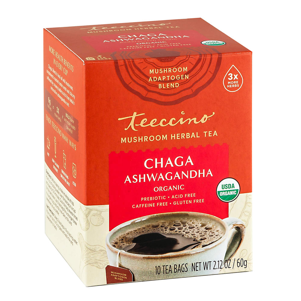 Teeccino Chaga Ashwagandha tea butterscotch cream pack for cozy evenings.