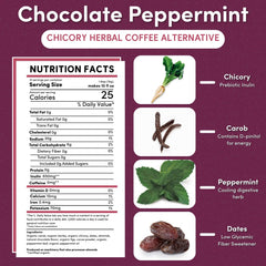 Close-up of Teeccino packaging showing organic herbs and non-GMO label.