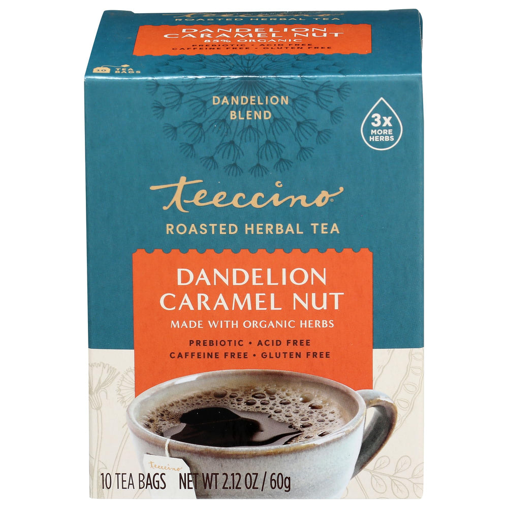 Teeccino Dandelion Caramel Nut tea bags offer caffeine-free indulgence.