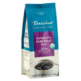 Teeccino Dandelion Dark Roast cup steaming shows caffeine-free, coffee-like flavor.