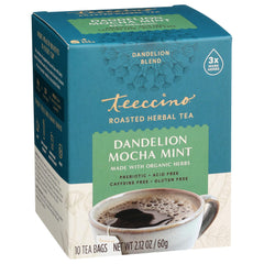 Teeccino Dandelion Mocha Mint Tea bag closeup showing caffeine-free herbal blend for wellness