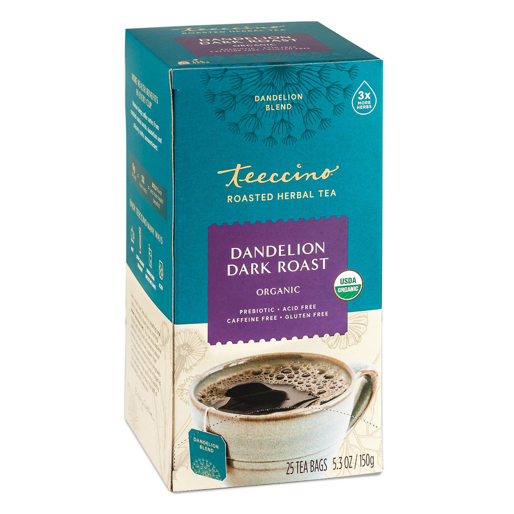 Teeccino dandelion tea dark roast box shows caffeine-free option