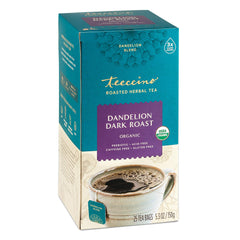 Teeccino dandelion tea dark roast box shows caffeine-free option