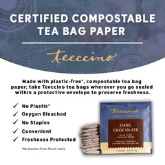Teeccino Dark Chocolate Prebiotic Tea packaging on desk signaling convenient, anytime enjoyment