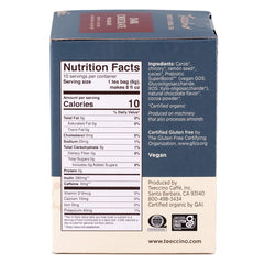 Teeccino Dark Chocolate Prebiotic Tea packet label highlights plant-based prebiotics for digestion-friendly sipping
