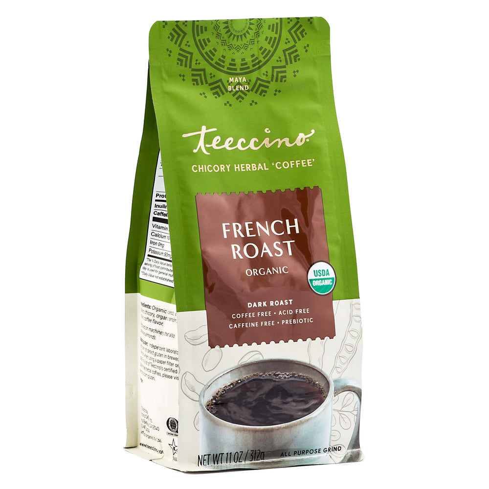Teeccino French Roast Chicory Coffee Alternative pack highlights natural ingredients for a caffeine-free option.