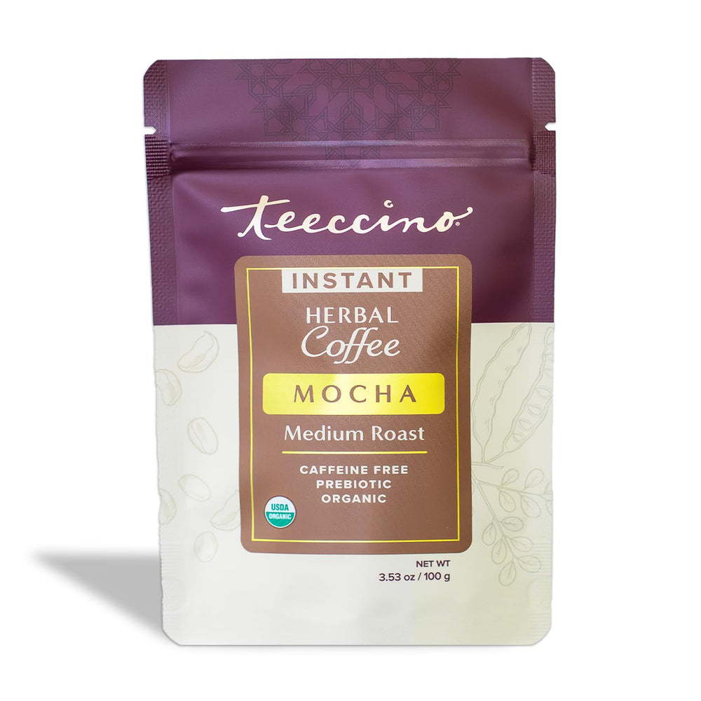 Teeccino Instant Organic Mocha bottle showing caffeine-free energy option for hot or iced drinks