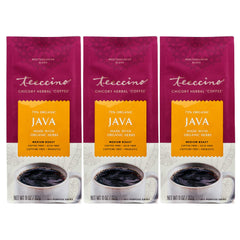 Teeccino Java Chicory ground coffee bag for a bold, caffeine-free brew.