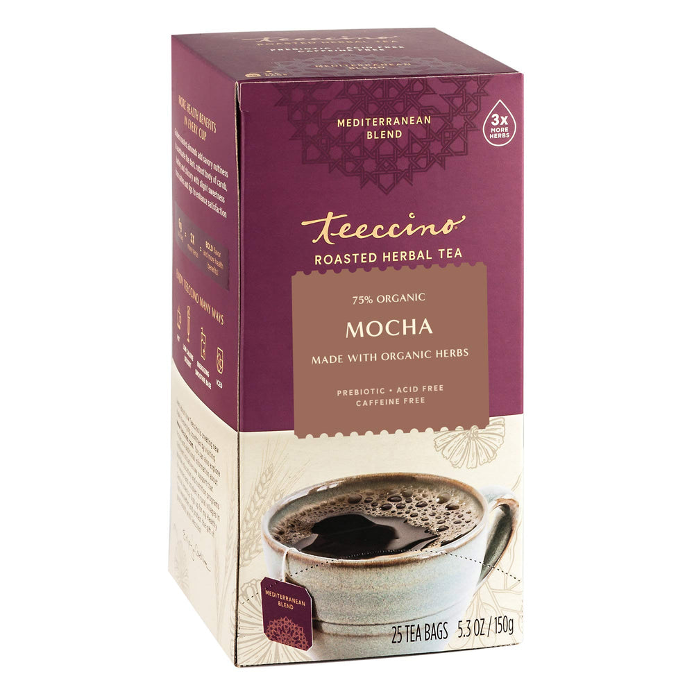 Teeccino Mocha Herbal Tea bags showing rich, caffeine-free flavor
