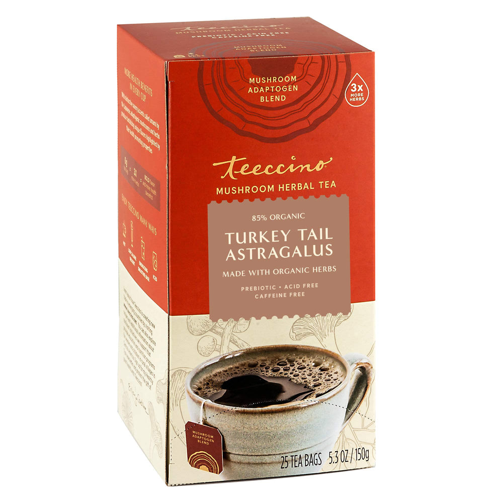 Teeccino mushroom tea bags showcase the toasted maple blend, ideal for cozy mornings