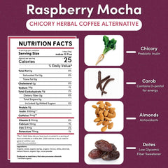 Teeccino Raspberry Mocha chicory ground jar showcases all-purpose grind ready for any brewer.