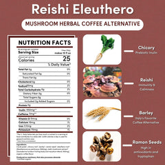 Teeccino Reishi Eleuthero ingredients label highlighting organic herbs and mushroom blend.