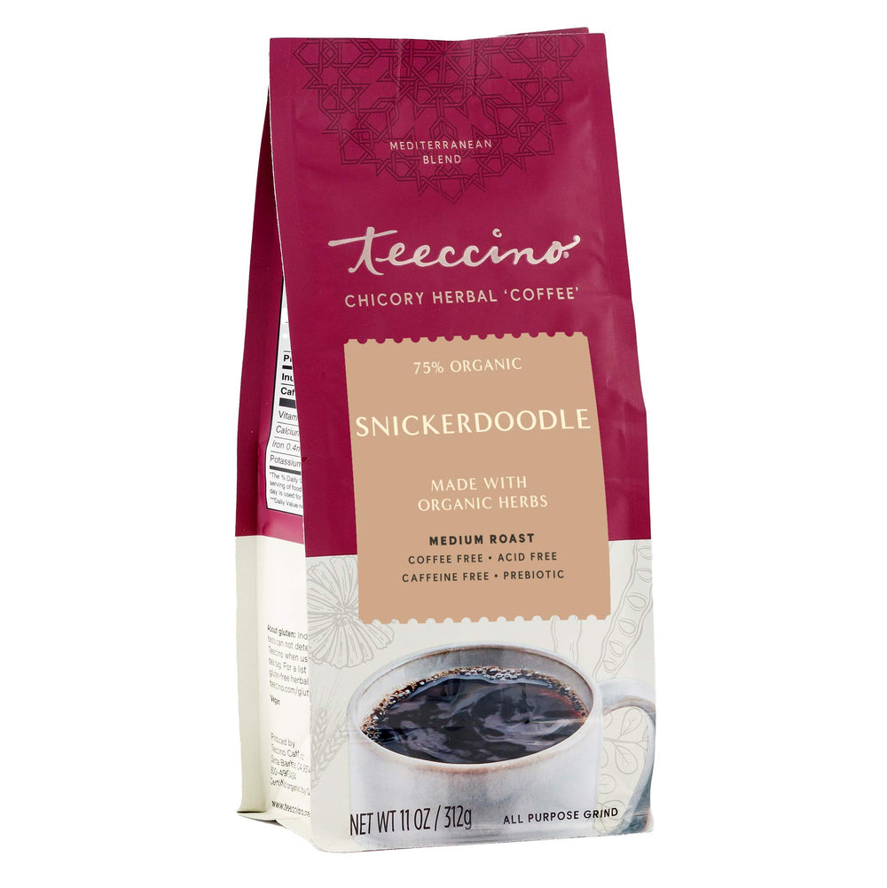 Teeccino Snickerdoodle bottle on shelf, caffeine-free comfort any time.
