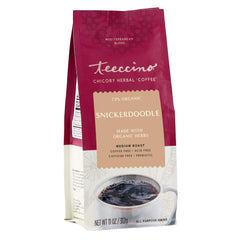 Teeccino Snickerdoodle bottle on shelf, caffeine-free comfort any time.