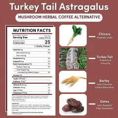 A warm Teeccino cup featuring Turkey Tail and Astragalus Toasted Maple, caffeine-free adaptogenic drink