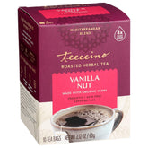 Teeccino Vanilla Nut tea bag releasing rich aroma for a caffeine-free comforting moment