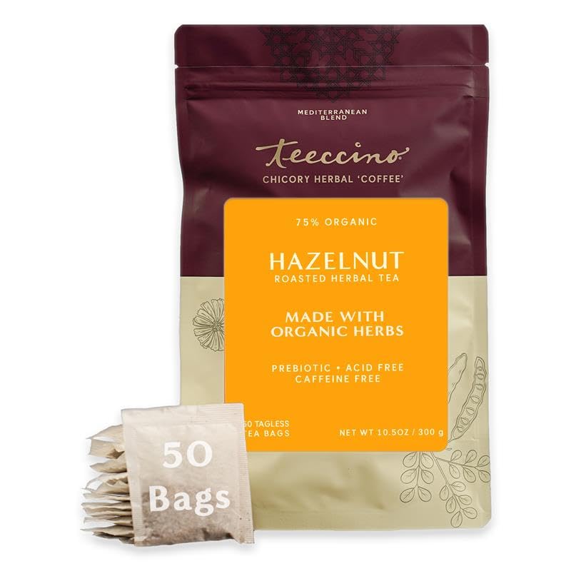 Teeccino Hazelnut Roasted Herbal Tea bag close up, caffeine-free comfort