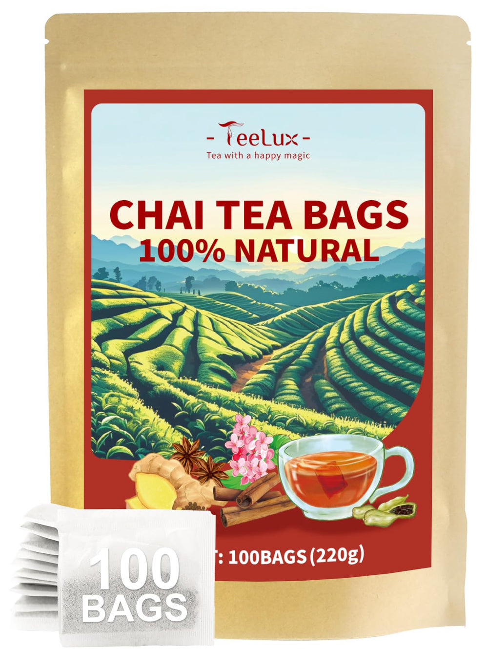 TeeLux chai black tea bags in an eco friendly pack ready for brewing