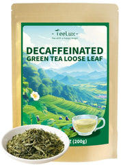 TeeLux Decaf Green Tea packaging in resealable kraft pouch preserves freshness.
