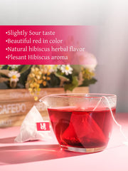 TeeLux hibiscus tea bags served hot in a cozy cup.
