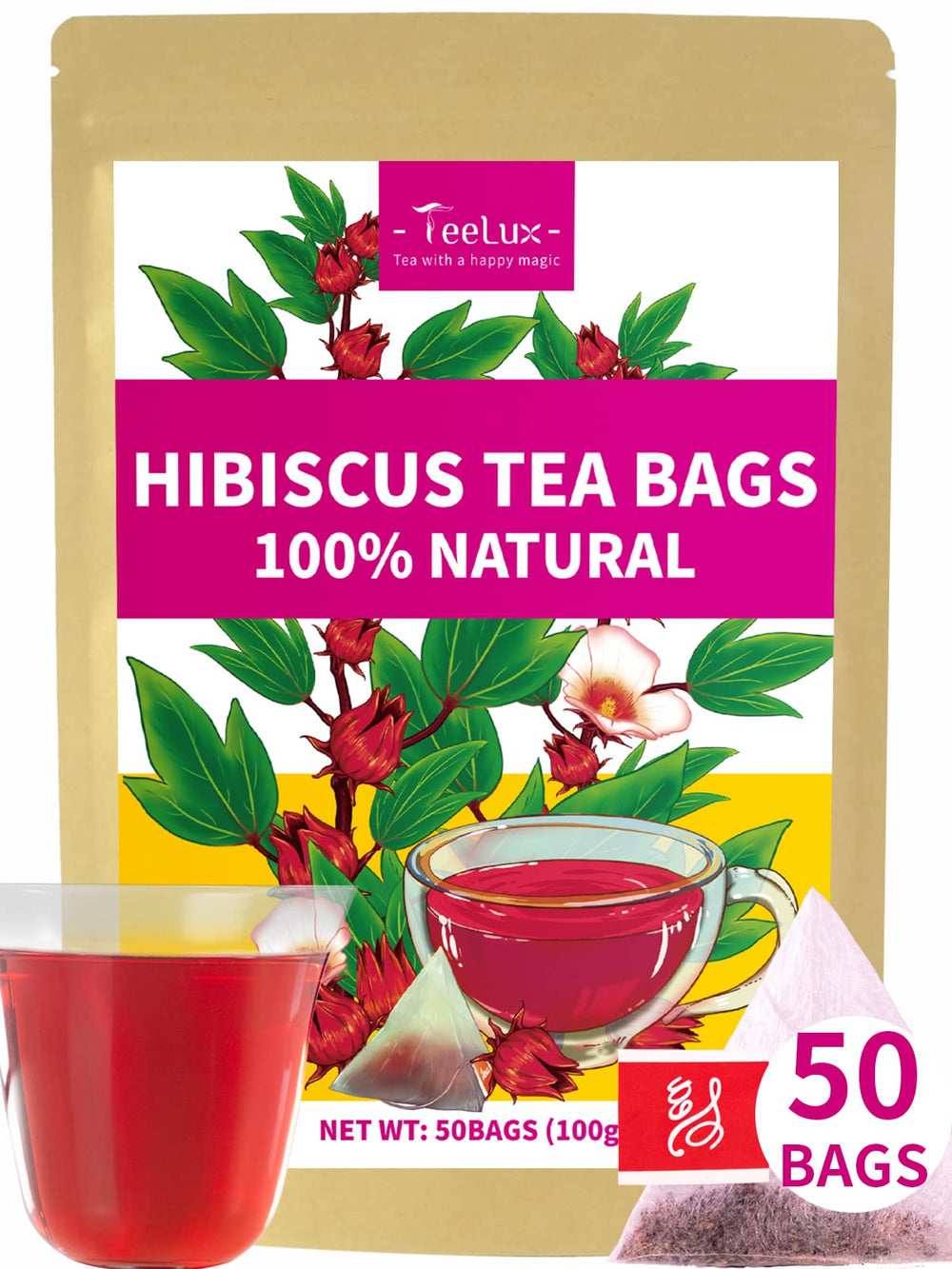 TeeLux hibiscus tea bags in a resealable pouch for fresh, caffeine-free flavor.