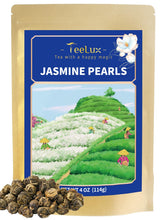 TeeLux Jasmine Pearls tea bundle shows hand-rolled pearls and fragrant jasmine aroma.