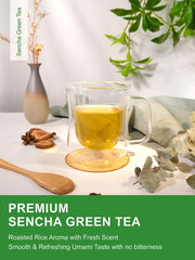 TeeLux Sencha tea bags prepared for hot or iced tea